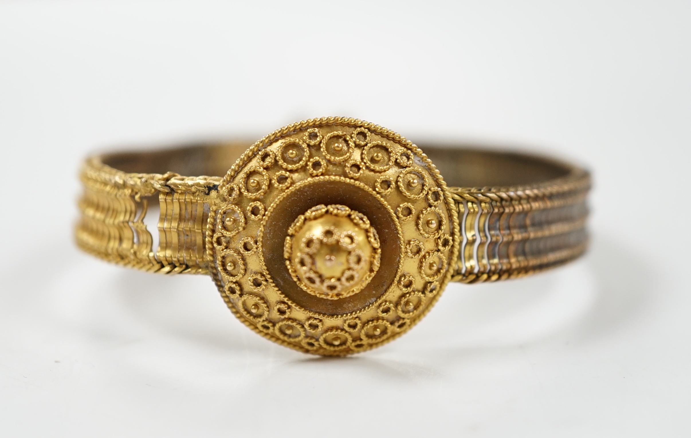 A Victorian yellow metal and cannetile work bracelet, (a.f.), 11 grams.